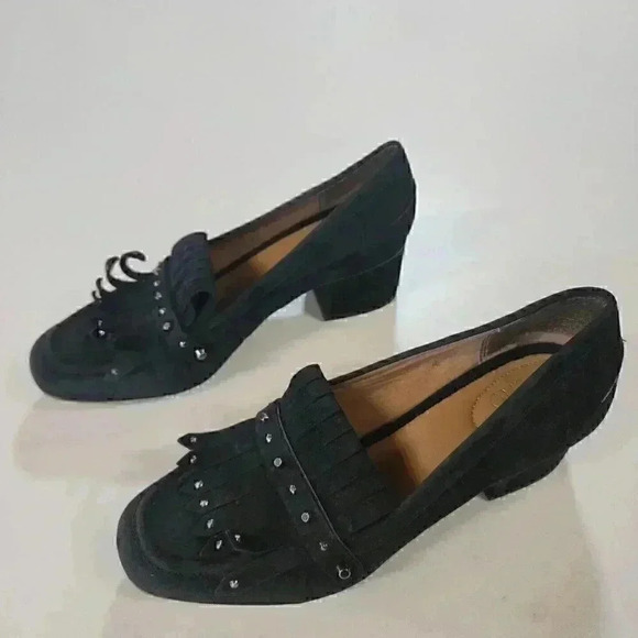 Franco Sarto Lauryn Black Suede Leather Tassel  Stud Block Heel Size 9 - Picture 1 of 11